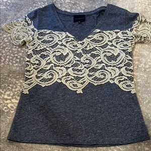 Blue top with tan Lace Embellishing with lace sleeves